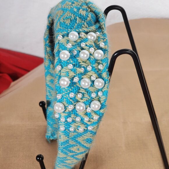 Handmade Poly Turquoise Sweater Material White Faux Pearl Embellished Headband - Picture 13 of 16